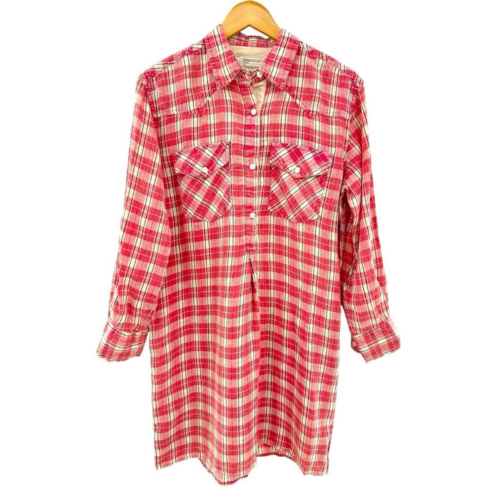 New Current Elliott Linen Cotton Blend Levee Western Plaid Shirt Dress Size 0